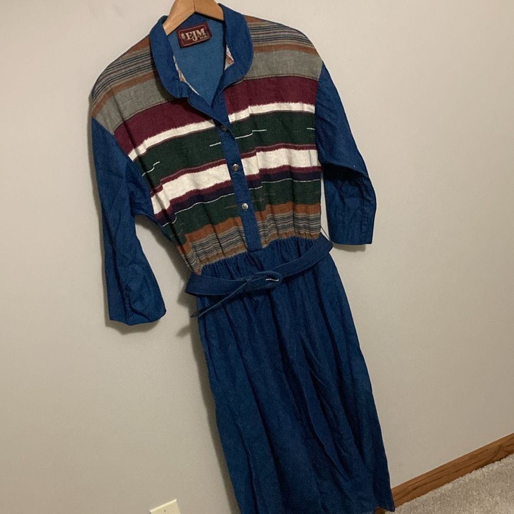Vintage EJM Colorful Striped Long Denim Dress, Southwestern Style, 70s 80s